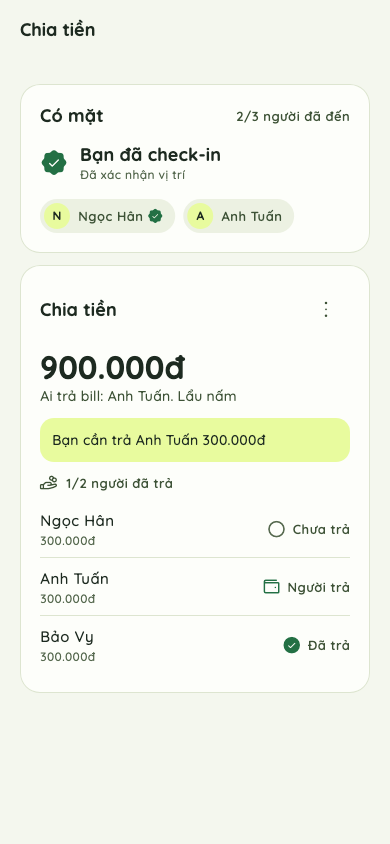 Màn hình check-in và chia hóa đơn