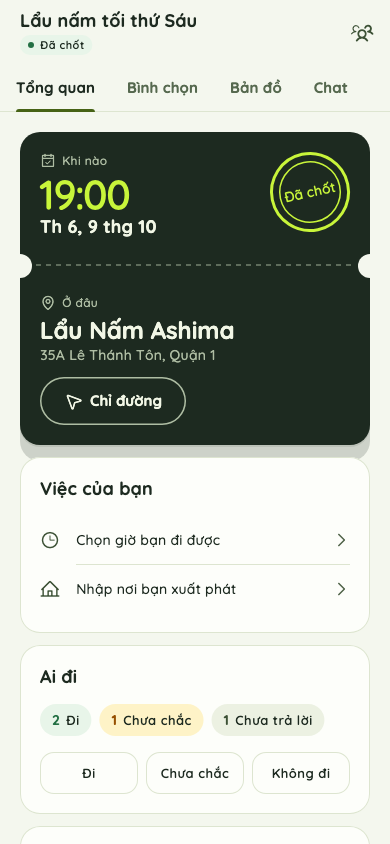 Màn hình kèo đã chốt: giờ, địa điểm và nút chỉ đường