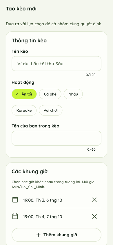 Màn hình tạo kèo