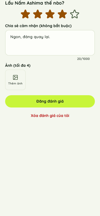 Màn hình viết đánh giá có sao, nhận xét và ảnh