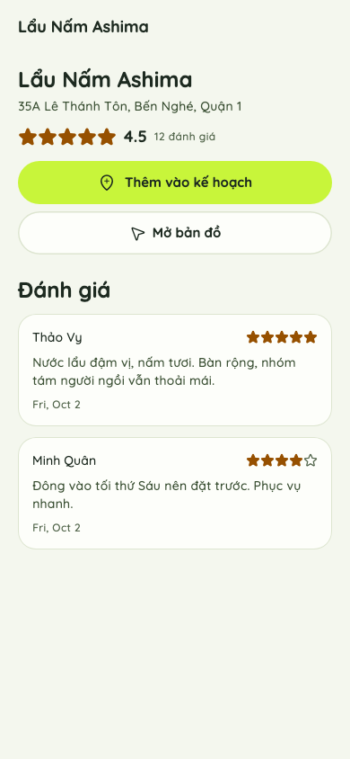 Trang một quán với điểm sao và các đánh giá
