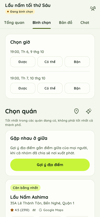 Màn hình bình chọn giờ và quán